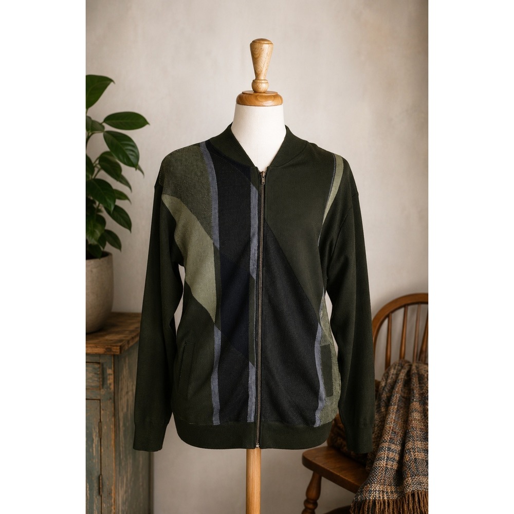 Lanerossi Italian Wool Zip Sweater Jacket Geometric Knit GrandpaCore Size L